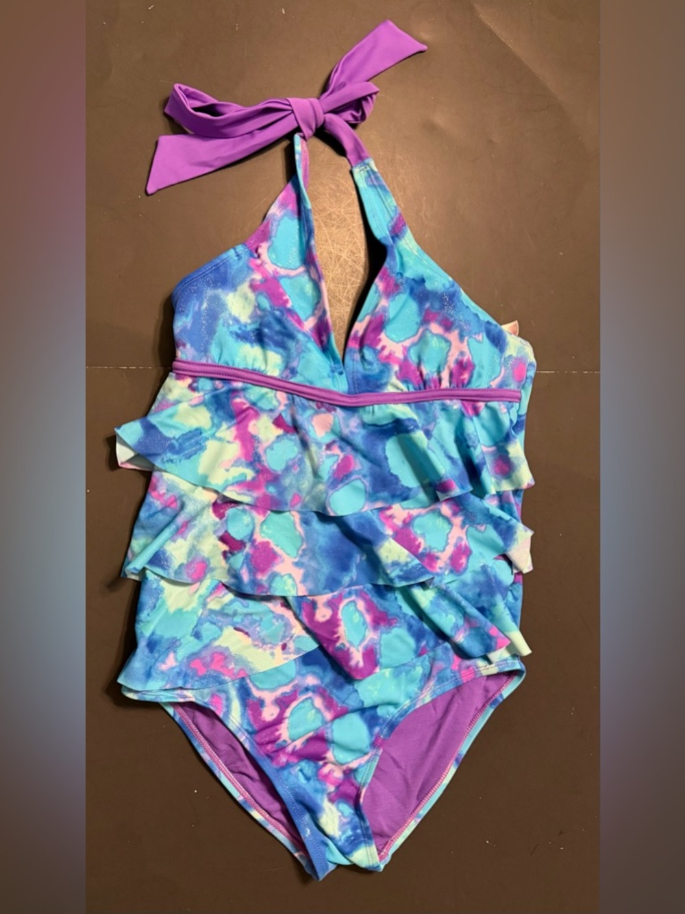Justice Swim Suit One Piece With Tie Neck Size 14 Multicolored